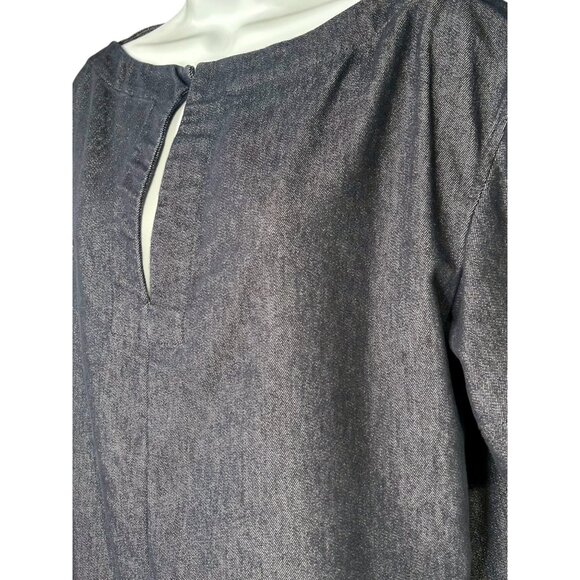 Theory Short Sleeve Denim Shift Dress Dark Wash Pockets Collarless Minimalist - Picture 3 of 8